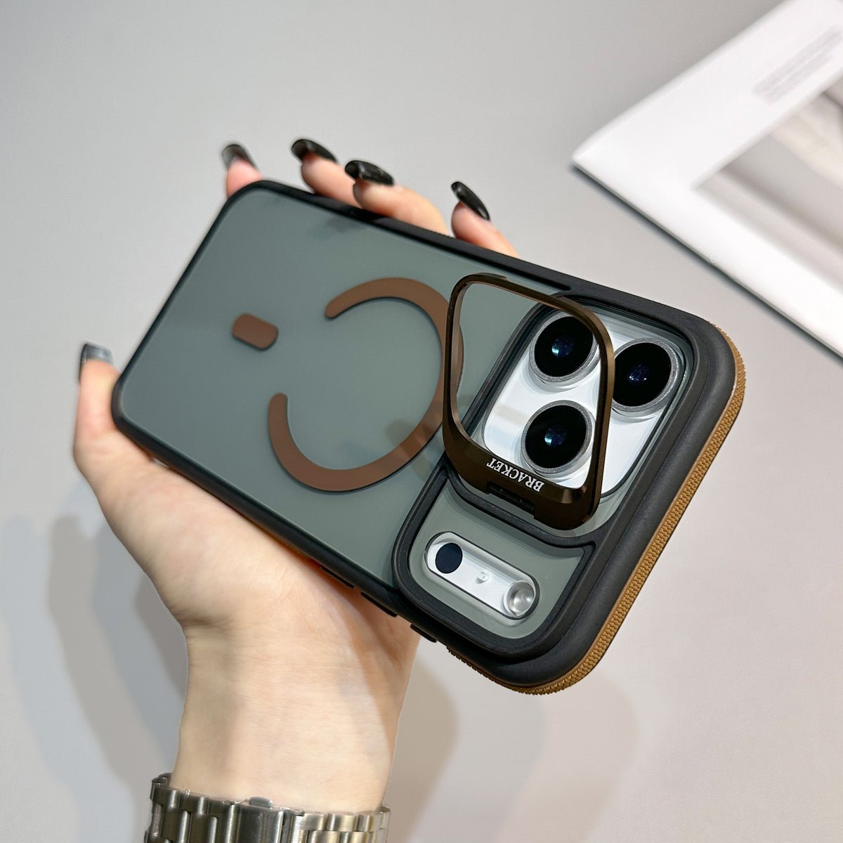 Brown magnetic iPhone case with fold-out kickstand