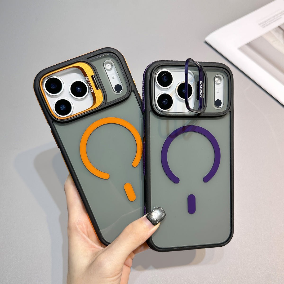 Light grey magnetic iPhone case shown front and back