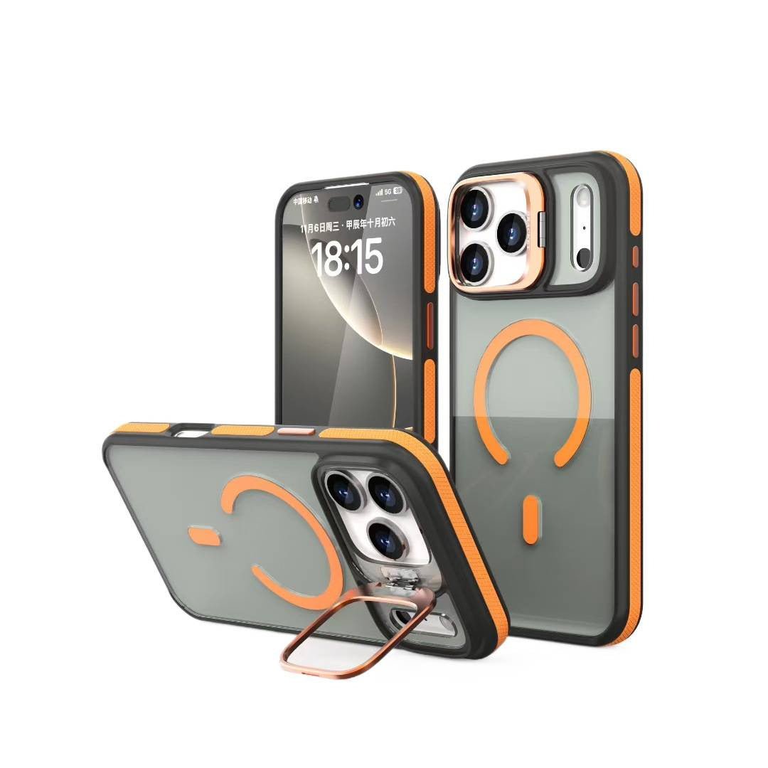 Orange magnetic iPhone case with the fold-out lens frame open, shown from three angles